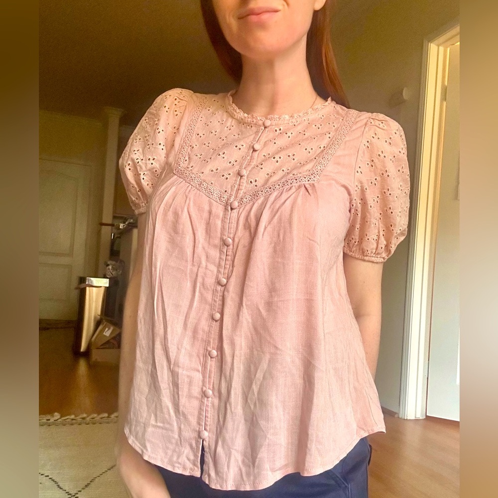Baby Pink Embroidered Puff Sleeve Blouse